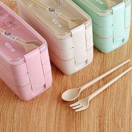 Dinnerware Sets 3 Layer Wheat Straw Lunch Box 900ml Japanese Microwave Bento With Fork Spoon Container For Student Office Staff