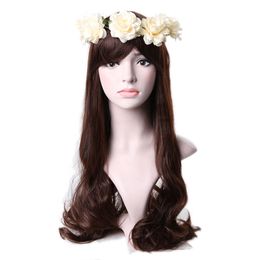 Synthetic Long Dark Brown Wavy Heat Resistant Full Wigs With Bangs Wigs