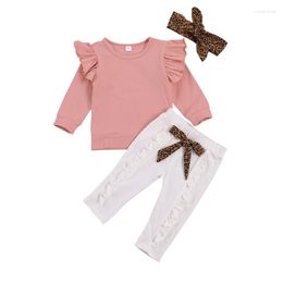 Clothing Sets Kids Baby Girls Clothes Set With Ruffle Long Sleeve O-neck Tops Pants Leopard Print Bow-knot Headband 3Pcs Outfit