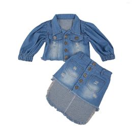 Clothing Sets Kids 2Pcs Outfit Clothes Set Girls Blue Puff Sleeve Open Front Denim Jacket Irregular Hem Skirt 1-6 Years Spring Autumn