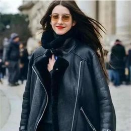 Women's Leather Women's & Faux Winter Bomber Jacket Women Lamb Fur Motorcycle Overcoats Fashion Solid Outerwear Coats Y544