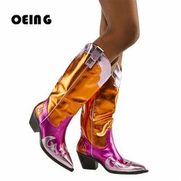 Stiefel Herbst Winter Women Multi -Shiny Metallic Leder Knreiheboot weiblicher Pointy Toe Western Cowboy Zapatos de Mujer 220928