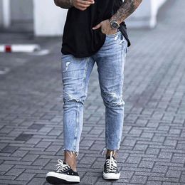 Men's Jeans Casual Skinny Jeans Ankle Length Ripped Denim Pant Zipper Fly Men Clothing Cut Bottom Pencil Pant Light Blue Cowboys Streetwear 220929