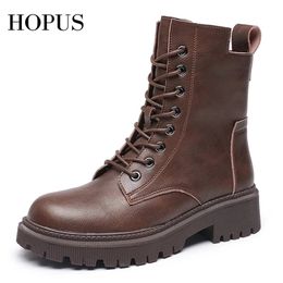 Boots HOPUS Womens High Quality Retro British Style Leather Shoes For Women Short Square Heel Platform 220928