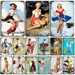 Sexy pin up Girl Metal Painting Wall Poster Decorative Lady Vintage Metal Plaque Home Bar Studio Decor Signs Retro Play man cave
