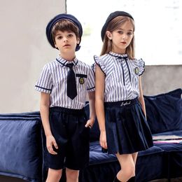 Clothing Sets Teen Children Uniforms Boy Girl Clothes Set Big Child School Summer Short Sleeve Strip Top Skirt Pants Suit JK 2PCs