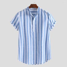 Men's T Shirts Harajuku T-Shirt Mens Striped Cotton Linen Colla Loose Short Sleeve Casual Buttons Camisetas Hombre Verano