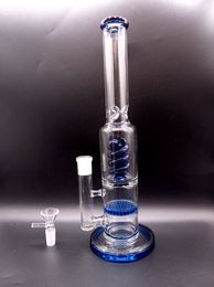 Blue Thick Glass Bong Hookahs with Spring Perc Honeycomb Philtres Straight Type Oil Dab Rigs Smoking Pipes