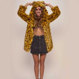 Women's Fur Faux Leather Coat Yellow Leopard Print Female Hooded with Ears Cartoon Plush T220928