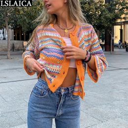 Women's Knits Tees Cardigan Top Women Long Sleeve Single Button Decorated Slim Rainbow Striped Patchwork Sweater Spring Autumn Fashion 220929