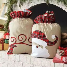 Linen Santa Sack Christmas Gift Bag Red Plaid Drawstring Tote Bags Festival Decoration RRE14603