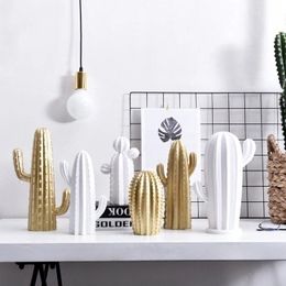 Decorative Objects Figurines Nordic Simple Style White Gold Cactus Decoration Fairy Column Home Accessories Living Room Creative Ornaments Home Decor 220928
