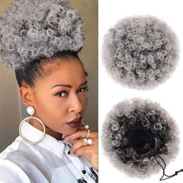 Short Ombre Grey Afro Puff Drawstring Ponytail salt and pepper two tone highlight human hair pony tail bun chignon for black women 100g 120g Diva3