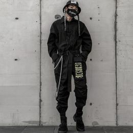 Men's Pants Hop Hip Jumpsuit Men Ribbon Embroidered Long Sleeve Romper Zippers Cargo Overalls Streetwear Techwear Jumpsuits