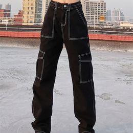 Women s Jeans Weekeep Pockets Patchwork Baggy Fashion Streetwear 100 Cotton Women Denim Trouser Loose Cargo Pants Korean Harajuku 220928