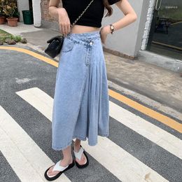 Skirts Blue Denim Skirt Women 2022 Korean Style Irregular Long Jeans High Waist A Line Pleated For Womens