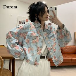 Women s Jackets Autumn Denim Cropped Vintage Floral Print Single Breasted Short Jeans Female Casual Long Sleeve Loose Coat 220929