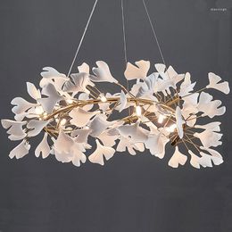 Pendant Lamps Ginkgo Leaves Lights El Living Room Iron Art Decor Lustre Modern Lighting FIxtures Golden Porcelain Hanging Lamp