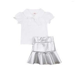 Clothing Sets Infant Kids Baby Girl's Two-Piece Suit Lapel Bowknot Sleeveless Tops And PU Leather Skirt For Birthday Party Vacation