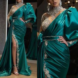Modern Hunter Satin Mermaid Evening Dresses With Long Sleeves Sexy Side Split Illusion High Collar Formal Party Gowns Glitter Arabic Prom Pageant Outfit