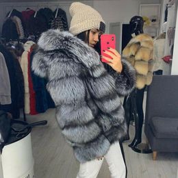 Women's Fur Woman Natural Silver Coat With Hood Medium Length Whole Skin Genuine Jacket Female Winter Luxury Outwear