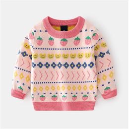 Girls' strawberry jacquard sweater winter baby cotton bottomed double layer thickened top