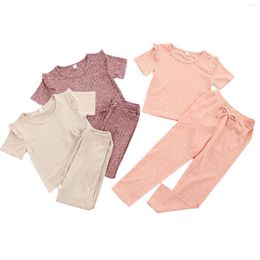 Clothing Sets Toddler Girls 2Pcs Summer Ribbed Solid Outfits Ruffle Short Sleeve Tops Shirt Elastic Waist Pants Set