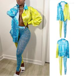 Women's Two Piece Pants Women's Bandana Print 2 Pieces Set Women Slim Long Sleeve Elastic Waist Mesh Leggings Streetwear Tracksuit