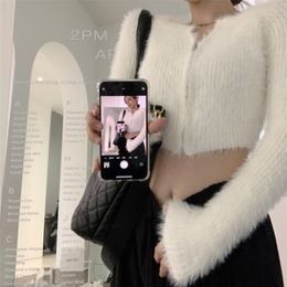 Womens Knits Tees Vintage Mink Cashmere Solid Colour Casual Longsleeved Cardigan Women Autumn Korean Fashion Allmatch Knitted Crop Tops 220929