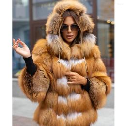 Women's Fur Medium Length Real Red Jacket With Hood Winter Fashion Women Genuine Coat Whole Skin Overcoat Luxury Woman