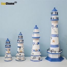 Decorative Objects Figurines Stripe Lighthouse Simulation Model Mediterranean Wooden Handicraft Home Decorations Decor Arts and Craft 220928