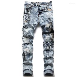 Men's Jeans Men's Snow Wash Ripped Homme Letters Printing Stretch Male Straight Slim Denim Trousers High Quality Casual