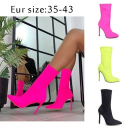 Damenmode-Stiefel wurden zum Laufen hergestellt, EU-Größe 35–42, schwarzer rosafarbener, elastischer Stoff, Damenkleid, Freizeitschuhe, Halbstiefelette mit Stilettoabsatz