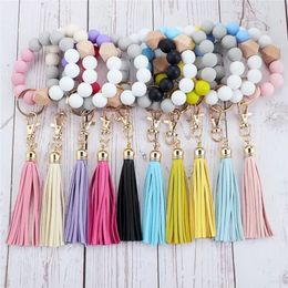 Silicone Wood Beads Keychain Keyring For Women Wristlet Bracelet Pendant Keychain With Jewelry Accessories 929