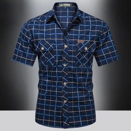 Summer Men Casual Shirts Short Sleeve Military Tactical Plaid Shirts Men's Slim Business Top Shirt Cotton