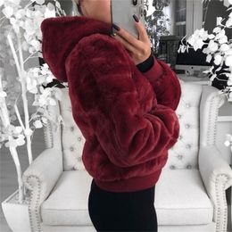 Women's Fur Faux DIHOPE Women Coat With Hood High Waist Fashion Slim Black Red Pink Jacket Fake Rabbit Coats 220928