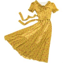 Summer Womens Elegant Yellow floral Print Chiffon Dress Female Ruffles French Style Sweet Lady Long Dresses