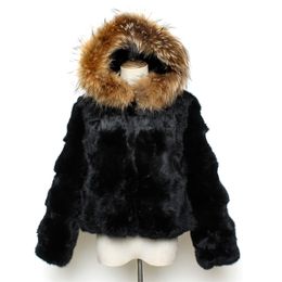 Womens Fur Faux Women Genuine Natural Rabbit Coat Fashion Brand Design Hooded Jacket With Raccoon Collar Lady Long Sleeve Outerwear 220929