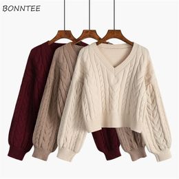 Womens Sweaters Sweaters Women Lovely Pullover Fashion Clothes Twist Vintage VNeck Solid Allmatch Fall Daily College Cropped Knitwear 220929