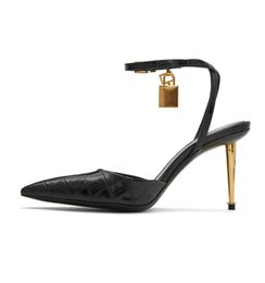 New Slingback-style Padlock Hardware Sandals Shoes Women Croc-embossed Leather Heels Heels Metal Stiletto Heel Sexy Lady Pumps Party Wedding 35-43