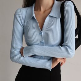 Women's Knits Tees Women Sexy V Neck Long Sleeve Turndown Knitted Cardigan Sweater Autumn Lapel Slim Slimming Tops Ladies Hollow Buttons 220929