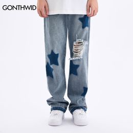 Men's Jeans Ripped Denim Mens Distressed Hole Star Print Baggy Straight Jean Pants Streetwear Hip Hop Casual Loose Trousers Blue 220928