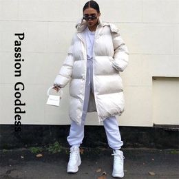 Womens Down Parkas Winter Women Long Puffer Hooded Jackets Thick Button Pockets Hoodie Bubble Coats Zipper Warm Long Parkas Down Outerwear Jacket 220929