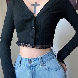 Women's Knits Tees InsGoth Autumn Vintage Gothic Lace Black Cardigan Harajuku Sexy V Neck Long Sleeve Crop Top Women Knitted Button Up 220929