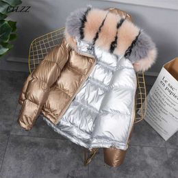 Women's Down Parkas FTLZZ New Gold Silver Double Side Coat Winter Jacket Women Big Aritificial Fur White Duck Female Outerwear T220928