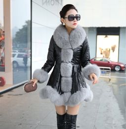 Women Plus Size winter Coats PU Leather Splicing Imitation fox fur collar plush sleeves Casual fashion leisure street long sleeve Outerwear mid-length jacket