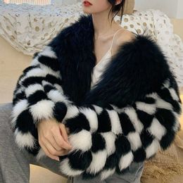 Women's Fur Faux Winter New Imitation Mink Coat Women Fashion Black And White Checkerboard Jacket Short Colour Matching Warm Top T220928