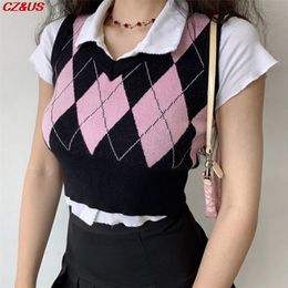 Women's Vests Fashion Autumn V-neck Tops vintage argyle Sweater For Women Pink Sleeveless Plaid Knit Cardigan Casual Womens 220928