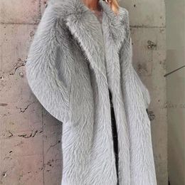 Womens Fur Faux Winter Women High Quality Coat Luxury Long Loose Lapel Over Thick Warm Female Plush s Black White 220929