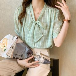 Women's Blouses 2022 Summer Fashion Style Checkered Bowknot Shirt Ladies Chiffon Top Temperament